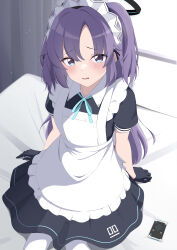 Rule 34 | 1girl, absurdres, alternate costume, apron, aqua ribbon, black dress, black gloves, blue archive, blue eyes, blue hair, blush, commentary request, dress, enmaided, gloves, halo, highres, indoors, kana (wucz8478), looking at viewer, maid, maid apron, maid headdress, mechanical halo, neck ribbon, on bed, pantyhose, parted lips, ribbon, short sleeves, sitting, solo, two side up, upper body, white apron, white pantyhose, yuuka (blue archive)
