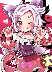 Rule 34 | animal ears, bear trap, collarbone, dog ears, dog girl, dog tail, frilled skirt, frills, grey hair, haruca iro, heart, jewelry, mitsugashira enoko, multicolored hair, multiple tails, necklace, off-shoulder shirt, off shoulder, one eye closed, pink skirt, purple hair, purple shirt, rainbow print, shirt, short hair, skirt, smile, tail, tongue, tongue out, touhou, two-tone hair, upper body, white hair
