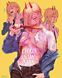 Rule 34 | 1girl, black necktie, black pants, blonde hair, blood, blood on breasts, blush, breasts, business suit, chainsaw man, collarbone, collared shirt, cross-shaped pupils, crosshair pupils, demon girl, demon tail, formal, hair between eyes, hair over one eye, hand on own chin, highres, holding, holding knife, horns, knife, licking, licking blade, licking weapon, long hair, long sleeves, looking at viewer, looking to the side, medium breasts, necktie, open clothes, open fly, open mouth, open shirt, pants, power (chainsaw man), red eyes, red horns, sharp teeth, shirt, signature, smile, solo, suit, symbol-shaped pupils, tail, teeth, tongue, tongue out, very long hair, weapon, xiao21299439, yellow background
