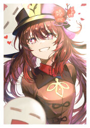 Rule 34 | 1girl, absurdres, black hat, boo tao (genshin impact), border, bright pupils, brown coat, brown hair, coat, flower, flower-shaped pupils, genshin impact, ghost, grin, hat, hat flower, heart, highres, hu tao (genshin impact), light blush, long hair, looking at viewer, red eyes, red flower, smile, solo, symbol-shaped pupils, tassel, toki (asunan6618), twintails, upper body, white border, white pupils