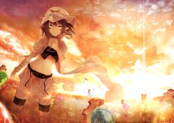 Rule 34 | 1girl, dennryuurai, facial mark, green eyes, hat, highres, light smile, looking at viewer, merry nightmare, midriff, navel, pointy ears, purple hair, see-through, short hair, smile, solo, striped clothes, striped thighhighs, sunset, thighhighs, twilight, wading, water, yumekui merry