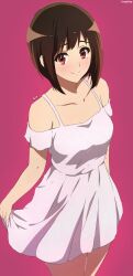 Rule 34 | 1girl, artist name, bare shoulders, blush, brown hair, cowboy shot, dress, hibike! euphonium, highres, holding, looking at viewer, mole, mole under eye, nakaseko kaori, off-shoulder dress, off shoulder, red eyes, short hair, simple background, skirt hold, smile, solo, thighs, usagihop, white dress