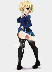 Rule 34 | 10s, 1girl, ass, black pantyhose, blonde hair, blue eyes, blue skirt, blue sweater, braid, breasts, clothes lift, clothes pull, covered erect nipples, cum, cum on ass, darjeeling (girls und panzer), finger to mouth, from behind, girls und panzer, highres, looking back, medium breasts, necktie, ouhashi, panties, pantyhose, pantyhose pull, school uniform, short hair, shushing, skirt, skirt lift, smile, solo, sweater, underwear, white background, white panties