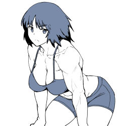 Rule 34 | 1girl, bike shorts, bikini, bikini top only, breasts, cleavage, closed mouth, cowboy shot, frown, girls und panzer, greyscale, hands on thighs, highres, large breasts, leaning forward, long hair, looking at viewer, monochrome, murakami (girls und panzer), muscular, muscular female, onsen tamago (hs egg), simple background, solo, swimsuit, white background