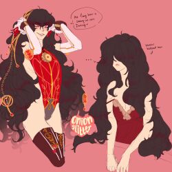 Rule 34 | 1boy, amamiya ren, bayonetta (series), black hair, cropped legs, crossdressing, elbow gloves, gloves, grin, hair over eyes, highres, jewelry, leotard, long hair, nightgown, onionglitter, persona, persona 5, red eyes, red leotard, revealing clothes, simple background, skinny, smile, solo, thighhighs, trap, umbra witch, very long hair, white gloves