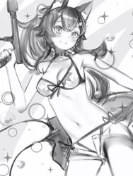 Rule 34 | 1girl, animal ears, belt collar, bikini, bikini under clothes, blush, breasts, closed mouth, collar, cowboy shot, front-tie bikini top, front-tie top, greyscale, highres, holding, hololive, looking at viewer, medium breasts, micro shorts, monochrome, nanashi (nlo), navel, ookami mio, ookami mio (hololive summer 2019), open clothes, open shorts, ponytail, shorts, side-tie bikini bottom, smile, solo, sparkle, swimsuit, virtual youtuber, wolf ears