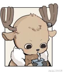 Rule 34 | 1boy, androgynous, ani3nrtm, antlers, black eyes, border, close-up, commentary request, drinking, drinking straw, drinking straw in mouth, holding, horns, lowres, male focus, no headwear, one piece, outside border, portrait, reindeer antlers, solo, tony tony chopper, towel, towel around neck, twitter username, v-shaped eyebrows, white border