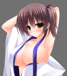 Rule 34 | 10s, 1girl, armpits, arms behind head, blush, breasts, brown eyes, brown hair, collarbone, female focus, grey background, highres, japanese clothes, kaga (kancolle), kantai collection, large breasts, looking at viewer, off shoulder, shocchan (sanymph), short hair, side ponytail, simple background, solo, upper body