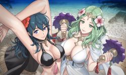 Rule 34 | 2girls, alternate costume, arm up, beach, bikini, black bikini, black hair, black vs white, breasts, byleth (female) (fire emblem), byleth (female) (summer) (fire emblem), byleth (fire emblem), capelet, cleavage, closed mouth, collarbone, commentary, dual wielding, female focus, fingernails, fire emblem, fire emblem: three houses, flower, green eyes, green hair, hair flower, hair ornament, hibiscus, holding, large breasts, lips, long hair, looking at viewer, matching hair/eyes, maze draws, multiple girls, navel, nintendo, official alternate costume, outdoors, parted lips, purple eyes, rhea (fire emblem), shiny skin, shore, signature, simple background, smile, swimsuit, upper body, water, white bikini