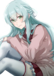 Rule 34 | 1girl, absurdres, aqua hair, assault lily, bow, brown cardigan, brown sailor collar, buttons, cardigan, closed mouth, crossed bangs, feet out of frame, frilled skirt, frills, from side, green eyes, hair between eyes, hair bow, half updo, hand on own knee, highres, kanba girls high school uniform, kashinoshi, knees up, light blush, long hair, long sleeves, looking at viewer, looking to the side, miniskirt, neckerchief, red skirt, sailor collar, school uniform, serafuku, sidelocks, simple background, sitting, skirt, solo, thighhighs, toki kureha, wavy hair, wavy mouth, white background, white bow, white neckerchief, white thighhighs, zettai ryouiki