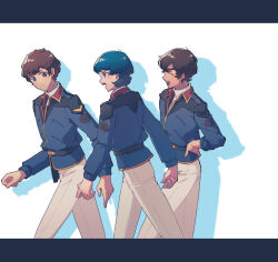 Rule 34 | 3boys, amuro ray, belt, black belt, blue eyes, blue hair, blue jacket, brown hair, char&#039;s counterattack, closed eyes, closed mouth, gundam, gundam zz, hand on own hip, highres, jacket, judau ashta, kamille bidan, letterboxed, long sleeves, looking at another, male focus, military uniform, mobile suit gundam, multiple boys, open mouth, pants, pin (penco co), short hair, simple background, smile, uniform, walking, white background, white pants, zeta gundam
