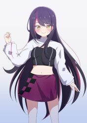 Rule 34 | 1girl, absurdres, black hair, black shirt, breasts, closed mouth, commentary request, cowboy shot, cropped shirt, denonbu, gradient background, grey background, hand up, highres, kon wel72, lico (denonbu), long hair, long sleeves, looking at viewer, midriff, miniskirt, multicolored hair, pink hair, pink skirt, shirt, shrug (clothing), skirt, small breasts, smile, solo, standing, streaked hair, very long hair, yellow eyes