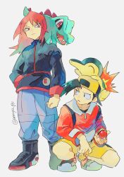 Rule 34 | 2boys, amaya uw, backwards hat, black footwear, black jacket, black shirt, boots, commentary request, creatures (company), cyndaquil, ethan (pokemon), frown, game freak, gen 2 pokemon, hat, highres, holding, holding poke ball, jacket, long hair, long sleeves, looking down, male focus, multiple boys, nintendo, on head, pants, poke ball, poke ball (basic), pokemon, pokemon (creature), pokemon gsc, pokemon on head, red eyes, red hair, red jacket, shirt, shoes, shorts, silver (pokemon), squatting, totodile, twitter username, white background, yellow shorts