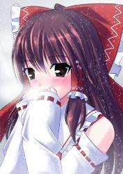 Rule 34 | 1girl, blush, bow, breath, brown eyes, brown hair, cold, covering own mouth, detached sleeves, hair bow, hair tubes, hakurei reimu, hands on own face, highres, long hair, mokyu9nine, own hands together, portrait, snowing, solo, touhou