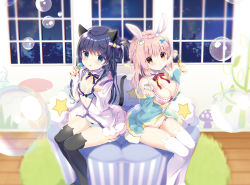 Rule 34 | 2girls, animal ears, black hair, blue eyes, blush, bra, breasts, blowing bubbles, rabbit ears, rabbit tail, candy, cat ears, cat tail, cleavage, food, large breasts, lollipop, long hair, looking at viewer, multiple girls, original, paw pose, pink hair, sitting, small breasts, tail, takashina asahi, thighhighs, underwear, yellow eyes