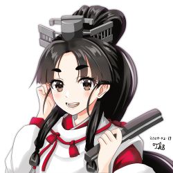 Rule 34 | 1girl, :d, black hair, brown eyes, commentary request, dated, folding fan, hair ornament, hair tie, hand fan, hand in own hair, headgear, high ponytail, highres, holding, holding fan, japanese clothes, kantai collection, kariginu, kimono, long hair, long sleeves, looking at viewer, multi-tied hair, nisshin (kancolle), open mouth, parted bangs, red kimono, red ribbon, ribbon, short eyebrows, sidelocks, signature, simple background, smile, solo, teeth, thick eyebrows, tk8d32, upper body, very long hair, white background, white kimono