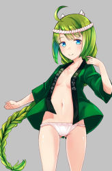 Rule 34 | 10s, 1girl, ahoge, alternate costume, blue eyes, braid, breasts, comah, green hair, grey background, japanese clothes, kantai collection, long hair, mole, mole under mouth, open clothes, panties, simple background, single braid, small breasts, smile, solo, underwear, very long hair, white panties, yuugumo (kancolle)