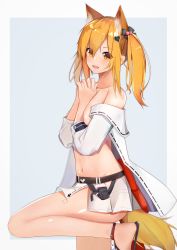 Rule 34 | 1girl, :d, absurdres, animal ears, arknights, bare legs, bare shoulders, bikini, bikini skirt, blonde hair, breasts, commentary request, hands up, highres, huge filesize, interlocked fingers, kotoha (kotoha65), long hair, looking at viewer, navel, off shoulder, official alternate costume, open mouth, own hands together, skirt, smile, solo, sora (arknights), sora (summer flowers) (arknights), stomach, tail, thighs, white skirt, wolf ears, wolf tail, yellow eyes