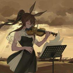 Rule 34 | 1girl, amiya (arknights), animal ears, arknights, ascot, black dress, bow (music), bracelet, brown hair, brown sky, chinese commentary, closed eyes, closed mouth, cloud, cloudy sky, commentary request, cowboy shot, dress, favilia, frilled ascot, frills, green ribbon, hair ribbon, hands up, holding, holding bow (music), instrument, jewelry, long hair, music, music stand, outdoors, playing instrument, ponytail, rabbit ears, ribbon, see-through, see-through sleeves, sheet music, short sleeves, sky, solo, violin, white ascot