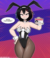 Rule 34 | 1girl, adapted costume, aged up, animal ears, bare shoulders, black hair, black leotard, black pantyhose, blush, breasts, brown eyes, cleavage, collar, collarbone, cowboy shot, curvy, dankodeadzone, english text, fake animal ears, gluteal fold, half-closed eyes, highleg, highleg leotard, highres, large breasts, leotard, marvel, pantyhose, peni parker, polka dot, polka dot background, purple background, rabbit ears, red background, short hair, smile, smug, solo, speech bubble, spider-man: across the spider-verse, spider-man: into the spider-verse, spider-man (series), spider-verse, spider-verse (comics), standing, strapless, thigh gap, white wrist cuffs, wide hips, wrist cuffs