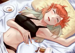 Rule 34 | 1girl, absurdres, armpits, bed, bra, closed eyes, collarbone, food, gradient hair, highres, hololive, hololive english, huge filesize, long hair, multicolored hair, navel, open mouth, orange hair, panties, pillow, pink hair, sleeping, solo, spill, takanashi kiara, underwear, underwear only, virtual youtuber, zeiss