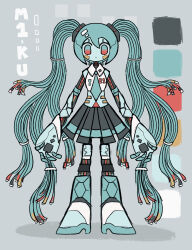 Rule 34 | 1girl, absurdres, alleesaur, android, aqua eyes, aqua necktie, black skirt, cable hair, expressionless, flat color, hatsune miku, highres, limited palette, long hair, looking at viewer, mechanization, necktie, no nose, pleated skirt, red eyes, skirt, solo, twintails, very long hair, vocaloid, wire