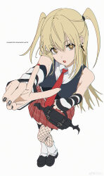 Rule 34 | 1girl, absurdres, amane misa, arm warmers, bag, black footwear, black nails, blonde hair, brown eyes, copyright name, cross, cross earrings, crossed legs, death note, earrings, fishnet thighhighs, fishnets, from above, full body, hair between eyes, handbag, highres, holding, holding bag, jewelry, long hair, looking at viewer, loose socks, multicolored nails, nail polish, necktie, outstretched arm, plaid, plaid skirt, pleated skirt, red lips, red nails, red necktie, red skirt, simple background, skirt, socks, solo, standing, striped arm warmers, thighhighs, two side up, v, weibo logo, weibo watermark, white background, white socks, z3zz4