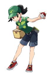 Rule 34 | 1girl, belt, black belt, black hair, box, breasts, brown eyes, case-k, closed mouth, collared shirt, commentary request, creatures (company), eyelashes, full body, game freak, green hat, green shirt, hat, highres, holding, holding box, holding poke ball, nintendo, original, poke ball, poke ball (basic), pokemon, red footwear, shirt, shoes, short sleeves, shorts, simple background, smile, socks, solo, standing, white background, white socks