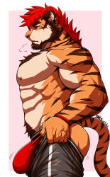 Rule 34 | 1boy, abs, absurdres, ass, ass lift, bara, beard, blush, bouncing bulge, bulge, bulge lift, chest hair, chest tuft, dressing, drks, facial hair, feet out of frame, from side, furry, furry male, highres, i&#039;ve never seen a guy recreate this successfully tbh (meme), jewelry, large bulge, large pectorals, long hair, male focus, male underwear, mature male, meme, motion lines, muscular, muscular male, navel, navel hair, necklace, nipples, open pants, original, pants, pants lift, pectorals, red hair, red male underwear, sigh, solo, stomach, tail, thick eyebrows, tiger boy, tiger tail, topless male, track pants, undersized clothes, underwear