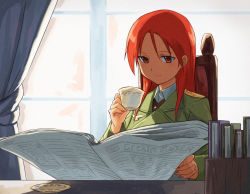 Rule 34 | 1girl, book, chair, cup, curtains, military, military uniform, minna-dietlinde wilcke, newspaper, plate, red eyes, red hair, shibasaki shouji, sitting, solo, strike witches, teacup, uniform, window, world witches series