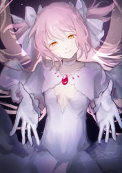 Rule 34 | 1girl, absurdres, breasts, choker, chromatic aberration, cleavage cutout, closed mouth, clothes lift, clothing cutout, cupping hands, dark background, dress, dress lift, facing viewer, floating hair, gloves, gradient background, hair between eyes, hair ribbon, half-closed eyes, hands up, head tilt, highres, kaname madoka, light blush, light particles, light smile, long hair, looking at viewer, looking down, mahou shoujo madoka magica, mahou shoujo madoka magica (anime), own hands together, pink hair, pink wings, purple background, reaching, reaching towards viewer, ribbon, rokuya (68 zusao), simple background, small breasts, smile, solo, space, straight hair, transparent wings, two side up, ultimate madoka, underboob, upper body, very long hair, white choker, white dress, white gloves, white ribbon, wide sleeves, wings, yellow eyes