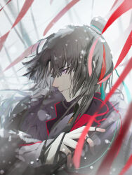 Rule 34 | 1boy, black coat, black hair, changpao, chinese clothes, coat, curtained hair, fate/grand order, fate (series), fishing rod, hair between eyes, highres, holding, holding fishing rod, long hair, long sleeves, male focus, niarss, profile, smile, snow, snowflakes, snowing, solo, tai gong wang (fate), upper body, yellow eyes