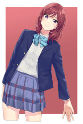 Rule 34 | 1girl, absurdres, blue bow, blue bowtie, blue jacket, blue skirt, border, bow, bowtie, collared shirt, commentary, commentary request, cropped legs, highres, jacket, leaning to the side, long sleeves, looking at viewer, love live!, love live! school idol project, medium hair, nishikino maki, open clothes, open jacket, otonokizaka school uniform, outside border, pleated skirt, purple eyes, red background, red hair, s sho mkrn, school uniform, shirt, sidelocks, skirt, smile, solo, striped bow, striped bowtie, striped clothes, upper body, white border, white shirt, winter uniform