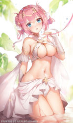 Rule 34 | 1girl, apple caramel, aqua eyes, artist name, bare shoulders, blush, braid, braided hair rings, breasts, cleavage, cowboy shot, groin, hair ornament, hair rings, highres, large breasts, leaf, looking at viewer, navel, parted lips, pink hair, pink ribbon, princess connect!, revealing clothes, ribbon, short hair, smile, solo, stomach, thighs, wading, water, water drop, yui (ceremonial) (princess connect!), yui (princess connect!)