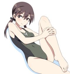 Rule 34 | 1girl, barefoot, black hair, black one-piece swimsuit, black ribbon, breasts, brown eyes, competition swimsuit, gertrud barkhorn, grey one-piece swimsuit, hair ribbon, leg up, looking to the side, nanashino, one-piece swimsuit, ribbon, simple background, sitting, small breasts, solo, strike witches, swimsuit, twintails, two-tone swimsuit, white background, world witches series