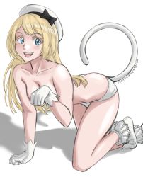 Rule 34 | 1girl, animal ears, blonde hair, blue eyes, breasts, cat ears, cat tail, dated, gloves, hat, highres, jervis (kancolle), kantai collection, open mouth, sailor hat, shadow, small breasts, solo, sozan, tail, white background, white footwear, white gloves