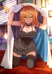 Rule 34 | 1girl, ahoge, alternate costume, arms up, bare arms, bare shoulders, bed sheet, black choker, black dress, black thighhighs, blanket, blurry, blurry background, blush, breasts, brown hair, choker, cleavage, closed mouth, commentary request, depth of field, dress, fate/grand order, fate (series), fujimaru ritsuka (female), green eyes, hair between eyes, hair ornament, hair scrunchie, indoors, kneeling, large breasts, looking at viewer, no shoes, ryuuno6, scrunchie, sleeveless, sleeveless dress, smile, solo, thighhighs, yellow scrunchie