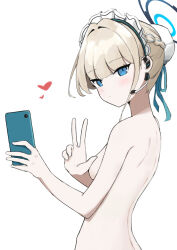 Rule 34 | 1girl, absurdres, blonde hair, blue archive, blue eyes, blush, breasts, bun cover, cellphone, closed mouth, completely nude, hair bun, halo, haruumi301, heart, highres, holding, holding phone, maid headdress, medium breasts, nude, phone, short hair, simple background, smartphone, solo, toki (blue archive), upper body, v, white background