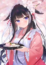 Rule 34 | 1girl, animal ears, apron, bell, black hair, blue eyes, blunt bangs, blurry, breasts, cherry blossoms, closed mouth, cloud, depth of field, floppy ears, food, frilled apron, frills, hair ornament, highres, holding, japanese clothes, jingle bell, kanzashi, kimono, long hair, long sleeves, looking at viewer, maid, maid apron, maid headdress, medium breasts, nanotaro, original, petals, pink kimono, rabbit ears, smile, solo, tray, upper body, very long hair, wa maid, wagashi, wide sleeves