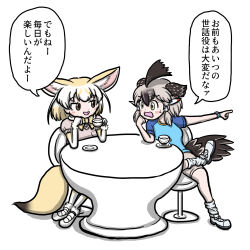 Rule 34 | 2girls, animal ears, aomushi taro, bird tail, bird wings, black hair, blonde hair, blush, bow, bowtie, brown eyes, cup, extra ears, fennec (kemono friends), fox ears, fox tail, gloves, greater roadrunner (kemono friends), green eyes, grey hair, hair between eyes, hair tubes, head wings, highres, holding, holding cup, kemono friends, kemono friends r, multicolored hair, multiple girls, open mouth, pink sweater, shirt, short-sleeved sweater, short hair, short sleeves, shorts, sitting, smile, sweater, t-shirt, table, tail, teacup, translated, white hair, wings, yellow bow, yellow bowtie