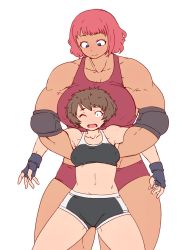 Rule 34 | 2girls, blue eyes, brown hair, elbow pads, gloves, hanzo (2929), highres, multiple girls, red hair, restrained, short hair, shorts, size difference, sports bra, sweat, wrestling outfit