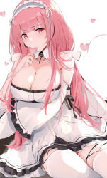 Rule 34 | 1girl, azur lane, blush, breasts, cleavage, closed mouth, dress, hairband, heart, heart print, highres, itete, large breasts, long hair, looking at viewer, perseus (azur lane), pink eyes, pink hair, sitting, solo, thighhighs, white background, white dress, white thighhighs