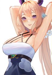 Rule 34 | 1girl, absurdly long hair, absurdres, ahoge, alternate breast size, armpits, arms up, bird girl, blonde hair, blue dress, blue hair, blush, bow, breasts, cleavage, dress, enna alouette, flower, gradient hair, gudanco (nyanmeowzer), hair bow, hair flower, hair ornament, head wings, highres, large breasts, lips, long hair, looking at viewer, low twintails, multicolored clothes, multicolored dress, multicolored eyes, multicolored hair, nijisanji, nijisanji en, purple bow, purple dress, purple eyes, purple wings, simple background, sleeveless, smile, solo, twintails, very long hair, virtual youtuber, white background, white dress, white flower, wings, yellow eyes