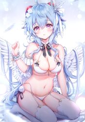 Rule 34 | 1girl, absurdres, ahoge, amaki ruto, angel, angel wings, bare shoulders, blue hair, blush, bow, bowtie, bra, breasts, cleavage, detached collar, feathered wings, fingernails, ganyu (genshin impact), garter straps, genshin impact, gradient background, hair ornament, halterneck, hand up, highres, horns, long hair, looking at viewer, low wings, medium breasts, navel, panties, parted lips, pom pom (clothes), purple eyes, scan, shiny skin, sitting, solo, stomach, thighhighs, thighs, underwear, wings, wrist cuffs