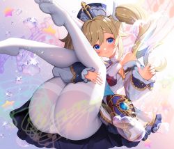 Rule 34 | 1girl, absurdres, arm up, ass, barbara (genshin impact), bare shoulders, blonde hair, blue eyes, blush, book, breasts, bubble, detached sleeves, dress, drill hair, feet, genshin impact, hair ornament, hat, heart bubbles, highres, huge filesize, leg hold, long hair, long sleeves, looking at viewer, musical note, no shoes, pantyhose, rainbow gradient, simple background, small breasts, smile, soles, solo, sparkle, staff (music), star (symbol), thighband pantyhose, thighs, toes, twin drills, twintails, water, white dress, white hat, white pantyhose, yuri (chocho q)