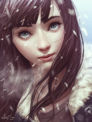 Rule 34 | 1girl, 2014, absurdres, artist name, blank stare, blue eyes, breath, brown hair, coat, fur trim, geo siador, highres, lips, long hair, nose, original, signature, snow, snowing, solo, winter clothes