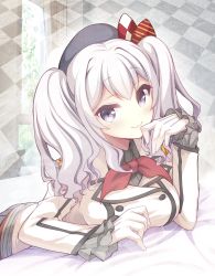 Rule 34 | 10s, 1girl, beret, blue eyes, blush, breasts, buttons, double-breasted, epaulettes, female focus, frilled sleeves, frills, gloves, gunp, hat, kantai collection, kashima (kancolle), kerchief, looking at viewer, lying, medium breasts, military, military uniform, neckerchief, on stomach, open \m/, sidelocks, silver hair, smile, solo, tsurime, twintails, uniform, wavy hair, white gloves