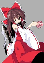 Rule 34 | 1girl, ;), asameshi, bow, brown eyes, brown hair, closed mouth, cowboy shot, detached sleeves, gohei, grey background, hair bow, hair tubes, hakurei reimu, holding, long hair, long sleeves, looking at viewer, ofuda, one eye closed, red bow, red skirt, ribbon-trimmed sleeves, ribbon trim, sarashi, sidelocks, simple background, skirt, skirt set, smile, solo, touhou, wide sleeves