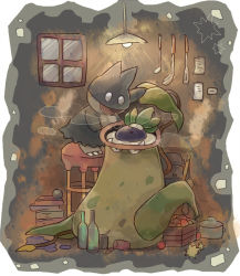 Rule 34 | akadako, animal focus, bathing, black eyes, book, border, bottle, box, can, cooking, creatures (company), closed eyes, fangs, game freak, gen 1 pokemon, gen 4 pokemon, hanging light, happy, indoors, ladle, light bulb, liquid, looking at another, looking down, max revive, munchlax, nintendo, no humans, note, oddish, one-hour drawing challenge, open mouth, paper, partially submerged, pokemon, pokemon (creature), pot, smile, spatula, steam, stool, towel, towel on head, victreebel, white border, window