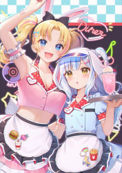 Rule 34 | 1boy, 1girl, :d, animal ears, apron, arm up, bare shoulders, black apron, black bow, black hairband, blonde hair, blue hair, blue headwear, blue shirt, blue skirt, bow, breasts, cellphone, checkered background, cherry, cleavage, collarbone, commentary request, fake animal ears, fangs, food, frilled apron, frills, fruit, hair bow, hair ornament, hairband, highres, holding, holding phone, holding tray, long hair, medium breasts, momoshiki tsubaki, multicolored hair, multiple girls, neon lights, official art, one side up, open mouth, original, parfait, parted bangs, parted lips, phone, pink hair, pink shirt, pink skirt, pleated skirt, puffy short sleeves, puffy sleeves, rabbit ears, selfie, shirt, short sleeves, silver hair, skirt, sleeveless, sleeveless shirt, smile, streaked hair, trap, tray, twintails, very long hair, visor cap, waist apron, x hair ornament
